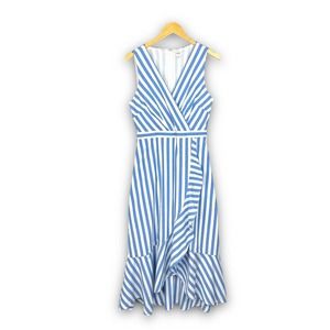 J Crew Factory Sleeveless Midi Dress Mock Wrap Blue White Striped Summer Size 4